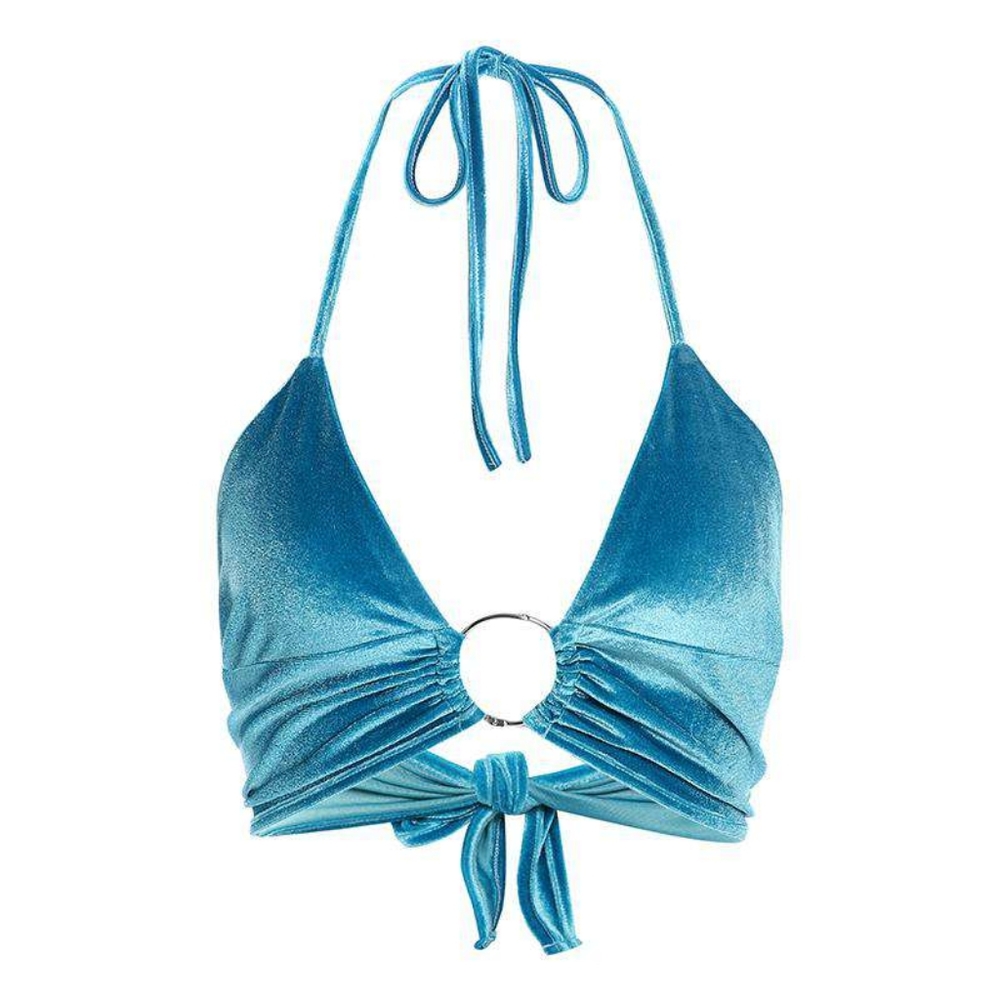 Y2K Blue Velvet O-Ring Halter Crop Top